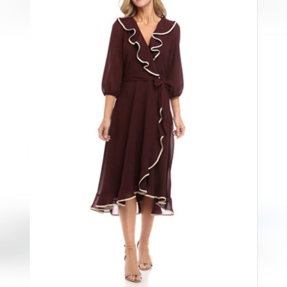 Danny and Nicole tipped ruffled wrapped Brown dress Size 6